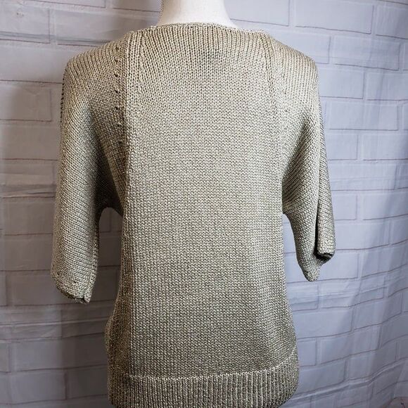 Beautiful NEW Chicos Gold Metallic Knit Short Sleeve Sweater womens 1 M Holiday - Picture 4 of 10